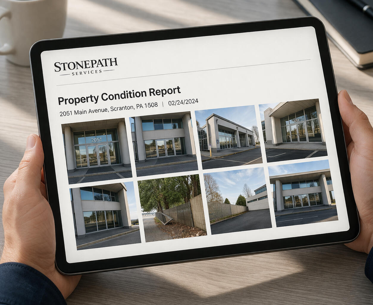 Property Condition Report with Photo Documentation Digital property condition report with organized inspection photos displayed on a tablet for commercial real estate documentation